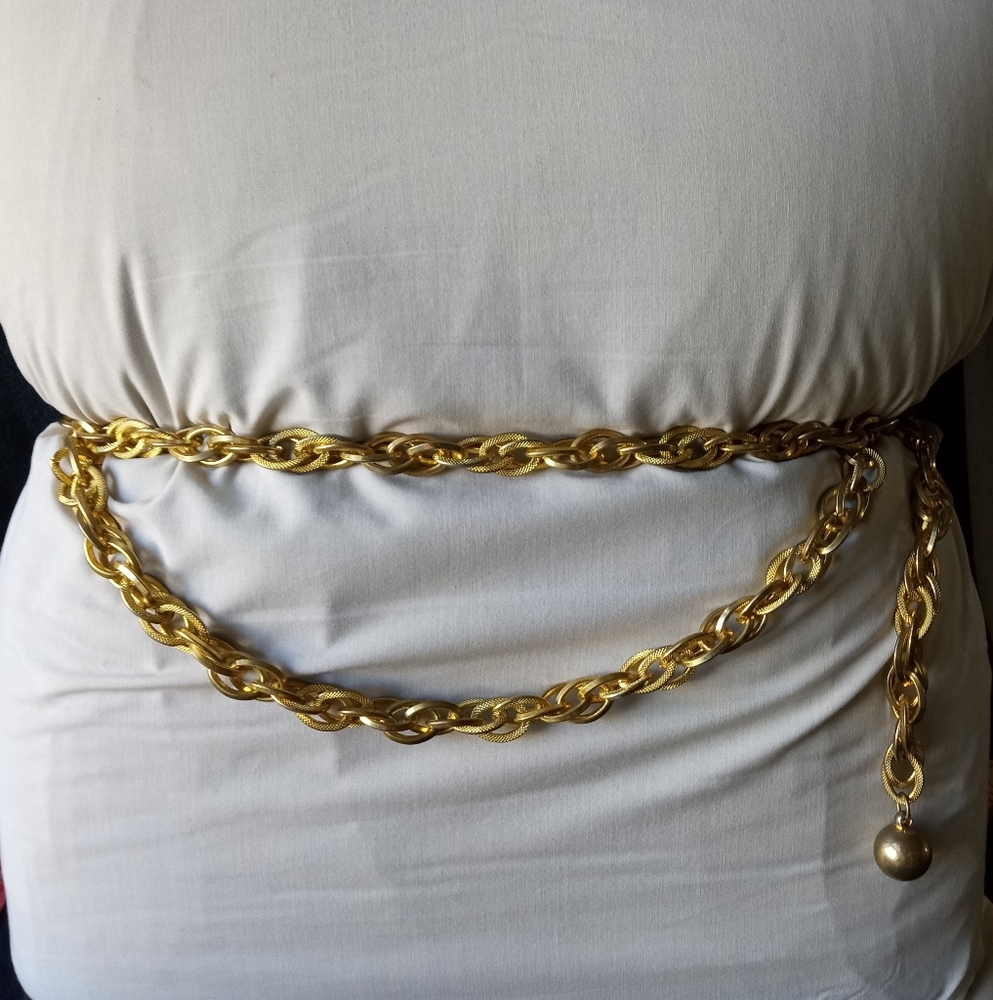 VINTAGE GOLD METAL BELT CHUNKY ROPE CHAIN Double Front Adjustable 30"-38" (32 M)